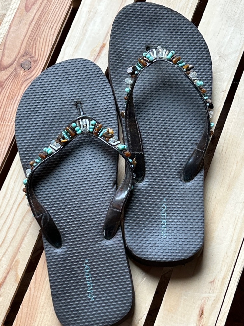Xhilaration Black Flip Flops with Turquoise and Brown Beads